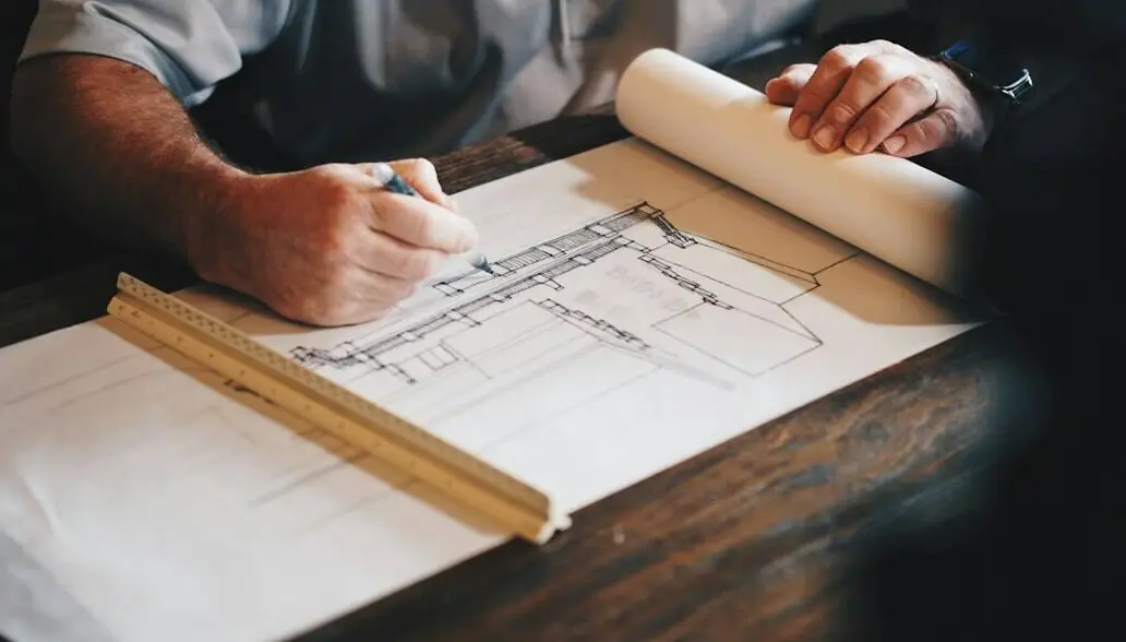 A contractor sketching a house section on drafting paper
